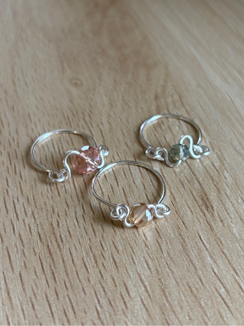 NWOT Set of 3 Handcrafted Silver Wire Wrapped Rings with Crystal Beads